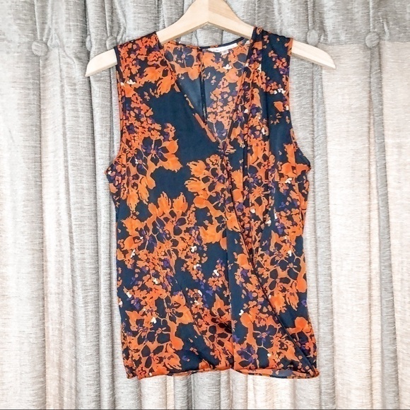 Devlin Orange Floral Surplice Front Cut Out Back Sleeveless Top Size XS - Picture 1 of 12